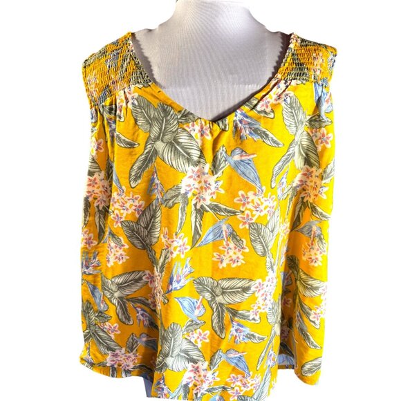 Yellow Floral Sleeveless Top With Smocked Shoulders & V-Neckline Womens L - Picture 4 of 9